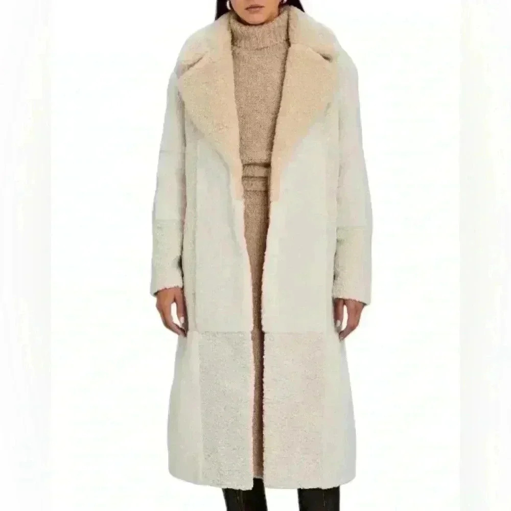 A.L.C. Stanley Womens L Caramel Long Faux Shearling Patchwork Tailored Coat NWT